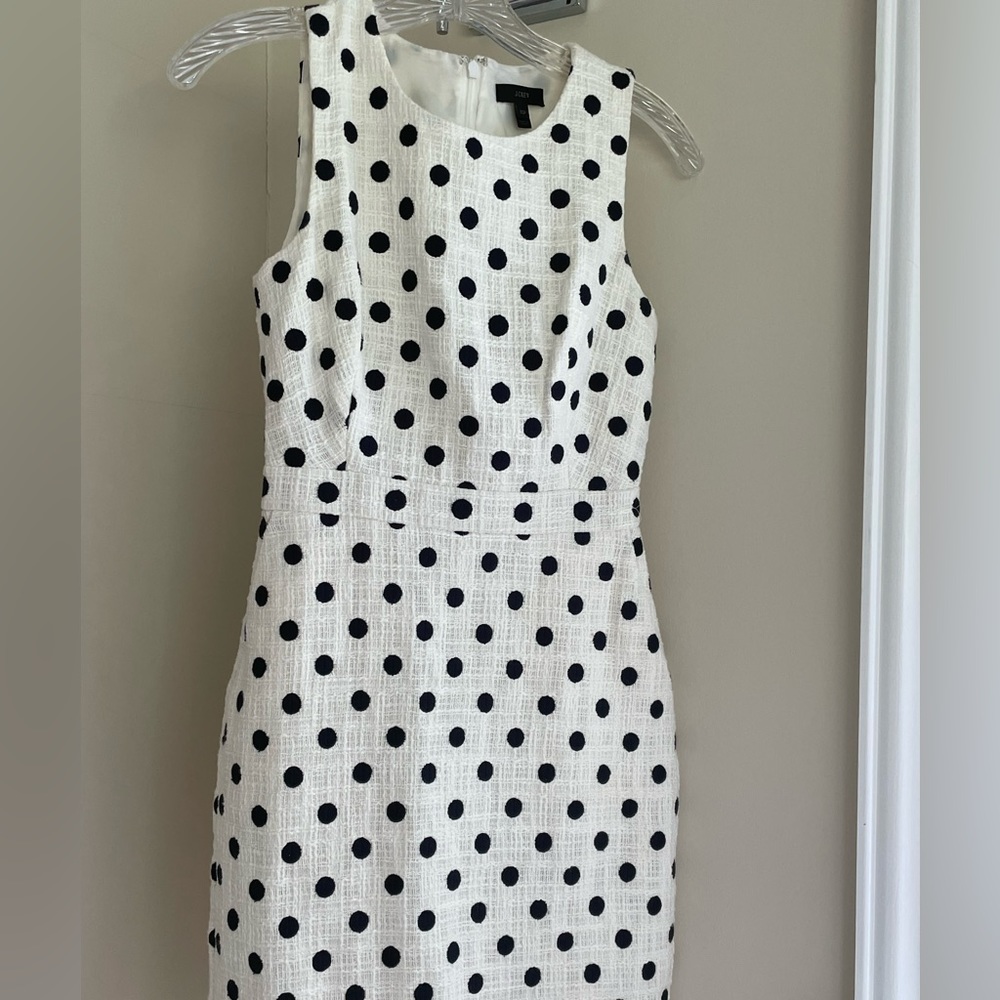 JCrew white with black polka dots lined structured shift dress; size 00P